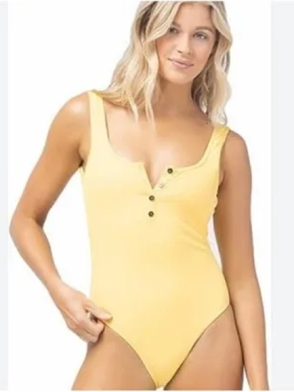 L Space Button-Down Ribbed Float On One Piece Swimsuit Yellow